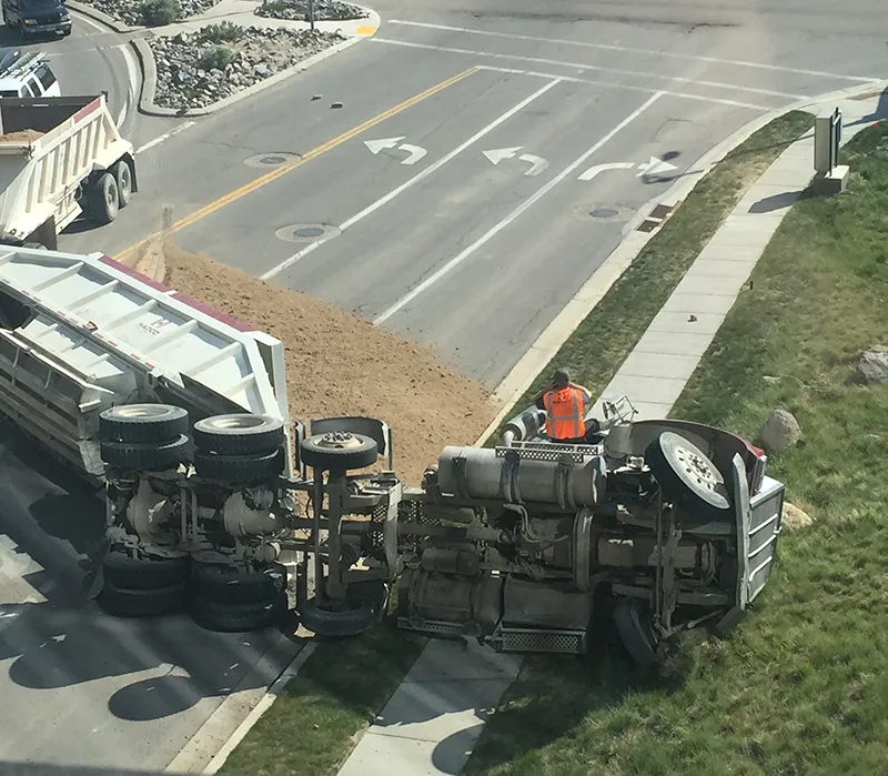 Truck on its side after an accident