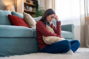 Upset woman sitting on floor