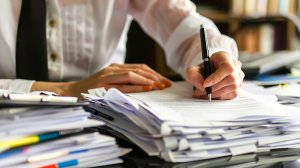 Paralegal at desk working on paperwork